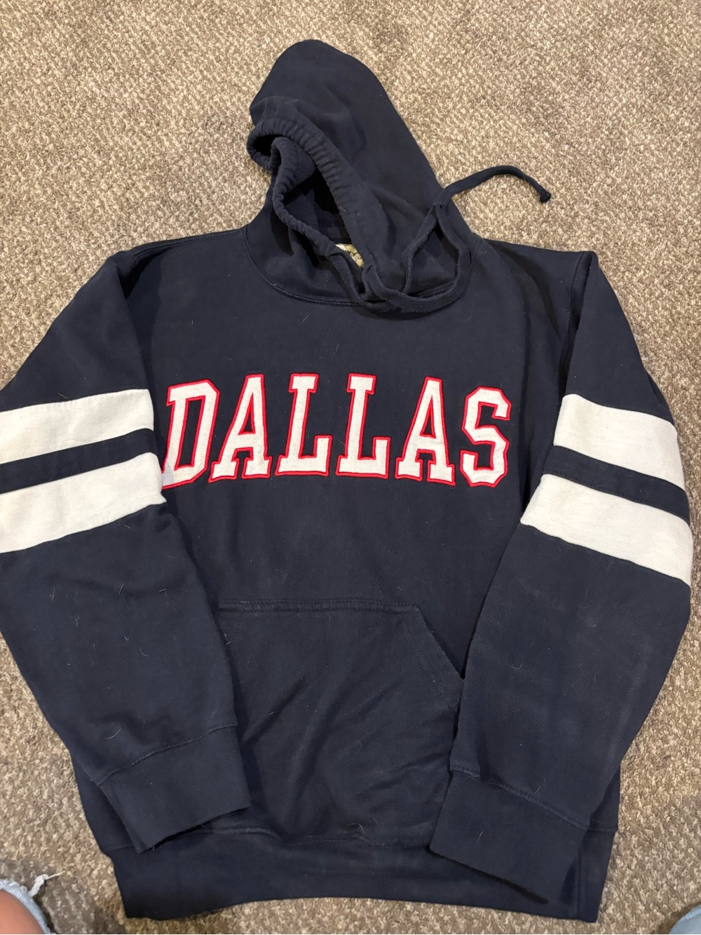 Dallas Navy Hooded Sweatshirt with White Sleeve Stripes and Red Lettering